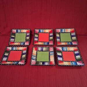 Certified International Serape Nancy Green Set Of 6 Square Dessert Plates 6x6"